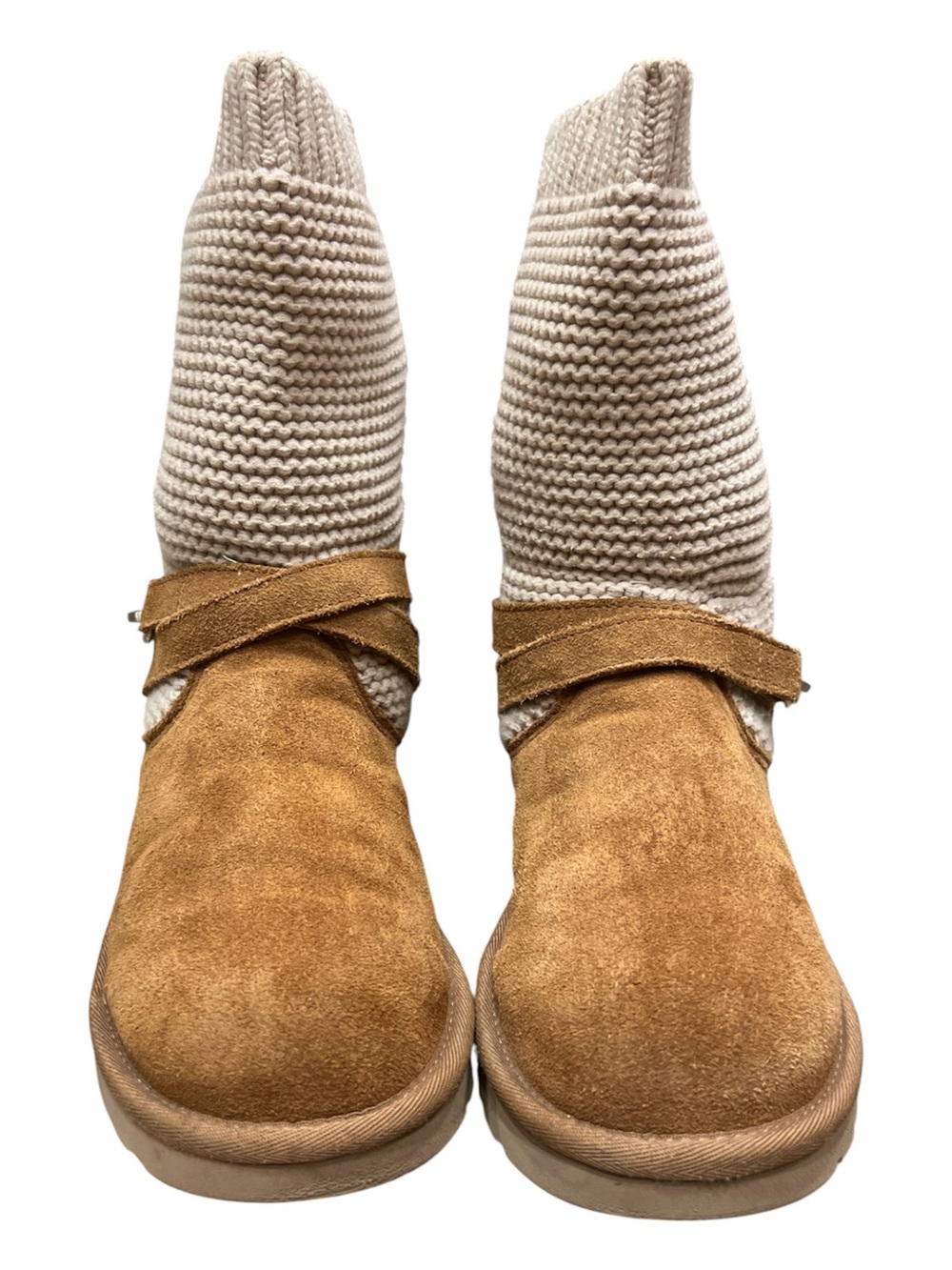 UGG Chestnut Suede Ankle Boots with Cream Knit Shaft  purl sweater knit  Boots 8